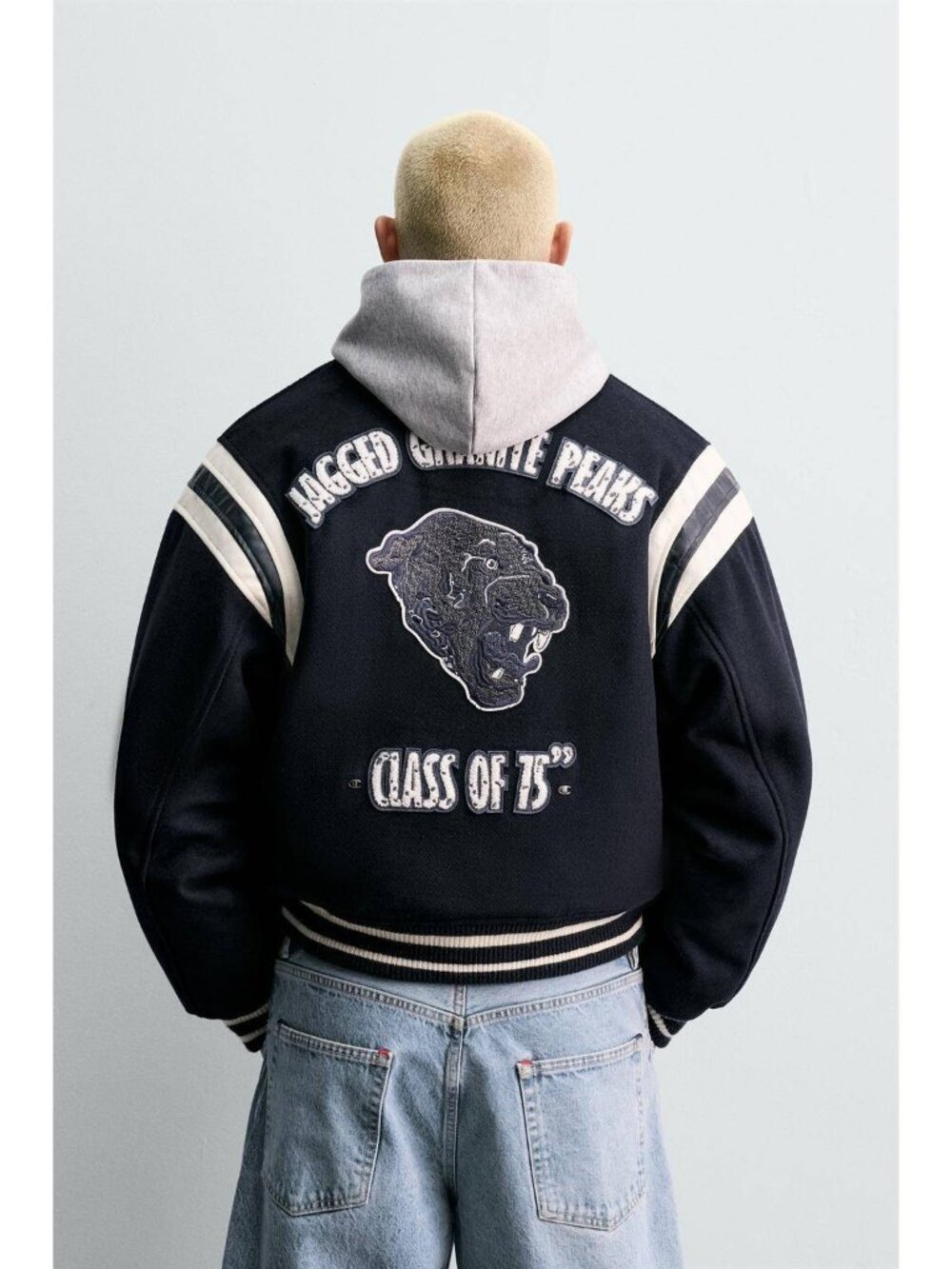 Champion x Zara Varsity Jacket Medium Blue White Wool Blend 3833/999 NWT